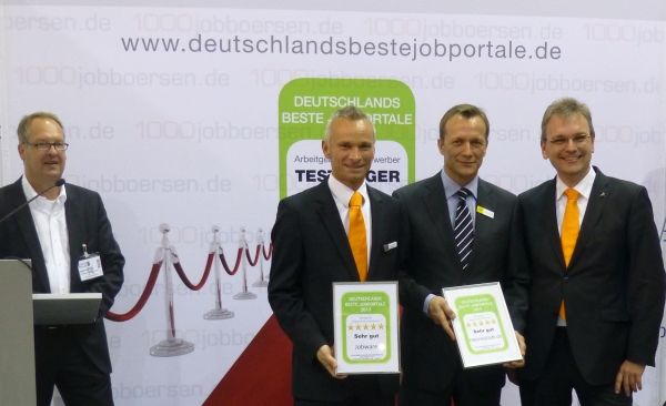 Deutschlands Beste Jobbörsen: Gewinner des Qualitätswettbewerbs Wolfang Brickwedde (Moderator), Christian Flesch (Jobware), Werner Wiersbinski (meinestadt.de), Dr. Ulrich Rust (Jobware) (v.l.n.r.)