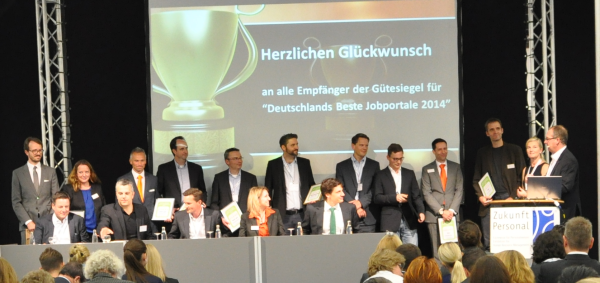 Deutschlands Beste Jobbörsen: Die Gewinner werden auf der Messe Zukunft Personal 2015 mit Gütesiegeln ausgezeichnet. Im Bild: Die Gewinner des Jahres 2014.