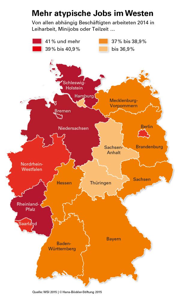 Mehr atypische Jobs im Westen Am stärksten verbreitet ist atypische Beschäftigung - Teilzeit, Leiharbeit oder Minijobs - in den westdeutschen Flächenländern.