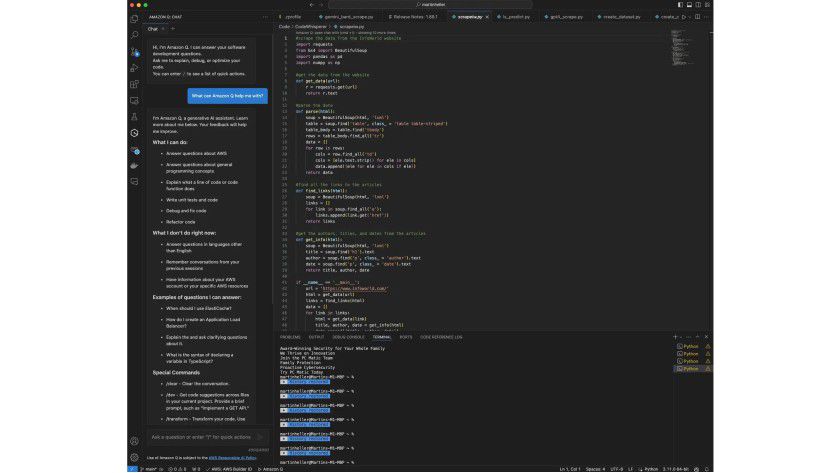 Q Developer beinhaltet in Visual Studio Code ein Chatfenster (links) sowie die Möglichkeit, Code zu generieren.