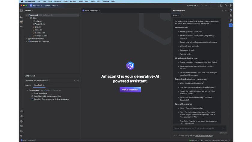 Q Developer in IntelliJ Idea. Hier befindet sich das Chatfenster auf der rechten Seite.