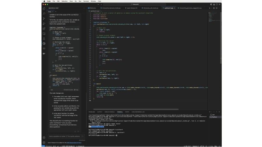 Amazon Q Developer sollte in unserem Beispiel aus natürlicher Sprache C++-Code generieren. Um die Dinge etwa szu verkomplizieren, haben wir den bekannten Sorting-Algorithmus Quicksort miteinbezogen und spezifiziert, dass die Funktion auf einem generischen Vektor laufen soll.